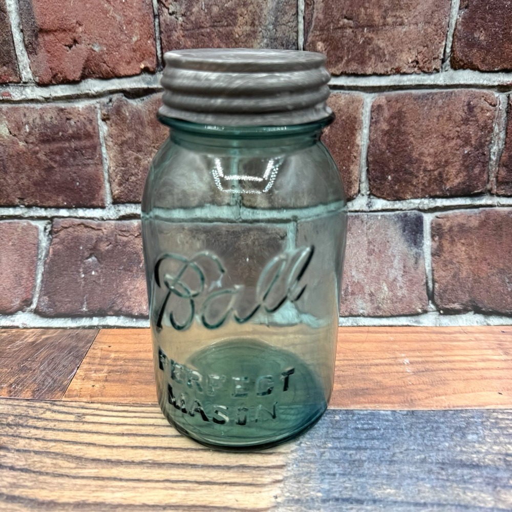 Ball Perfect Mason Aqua Blue Quart Jar Zinc Lid Milk Glass Liner Vintage Mold 4